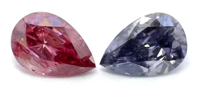 A Fancy Deep Pink pear shaped diamond and a Fancy Violet pear shaped diamond